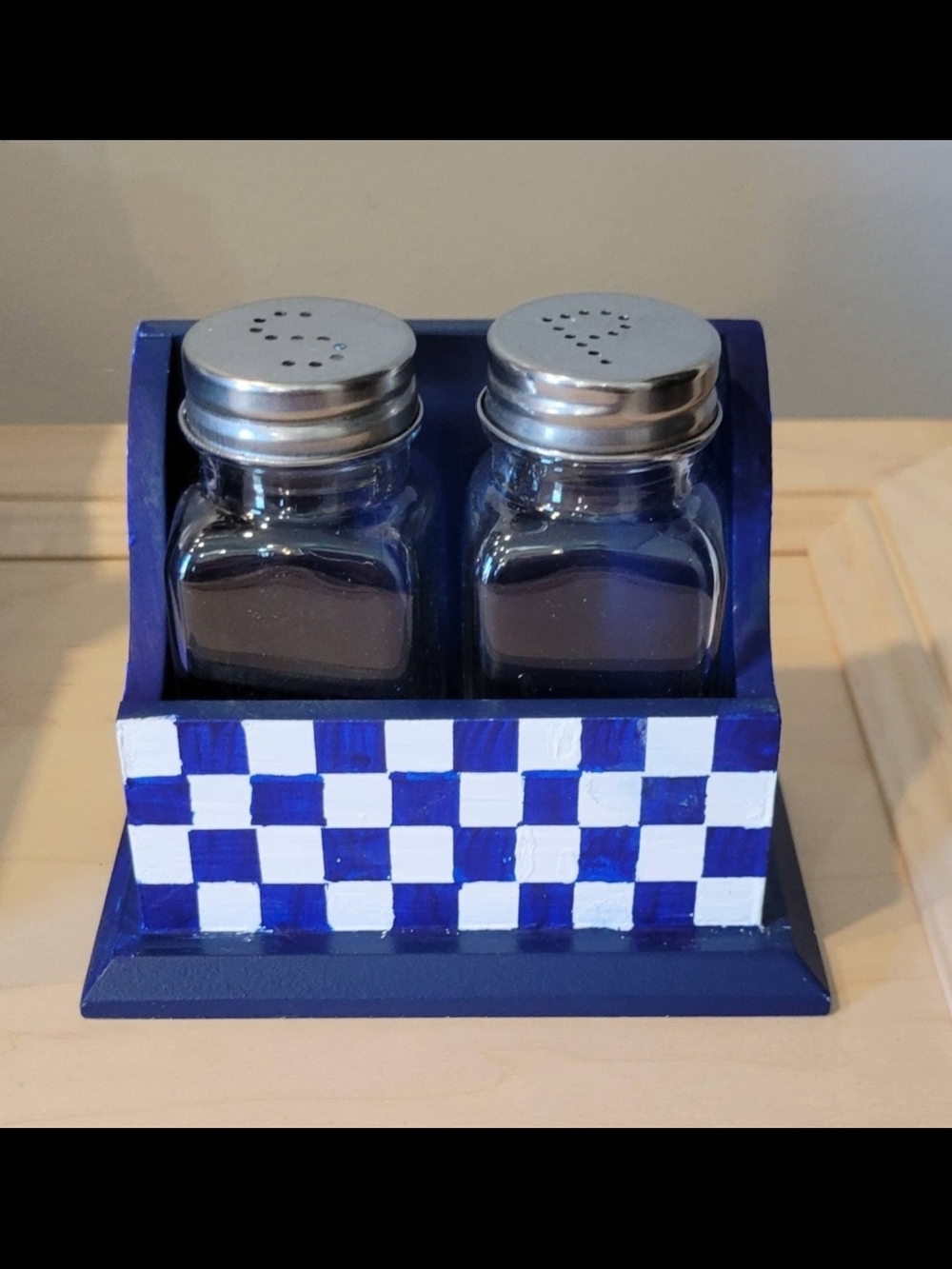 Hand-Painted Blue & White Check Salt and Pepper Shaker Set